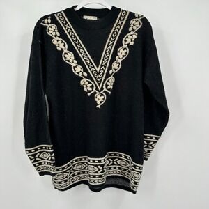 Vintage Womens Sweater Size‎ L Black Cream Knit Nordic Boho Cottagecore Artsy